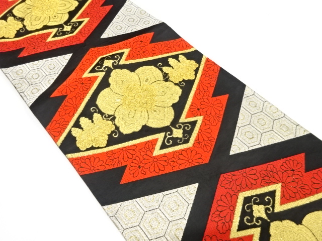 アンティーク　松皮菱に花・亀甲模様織り出し袋帯（着用可）